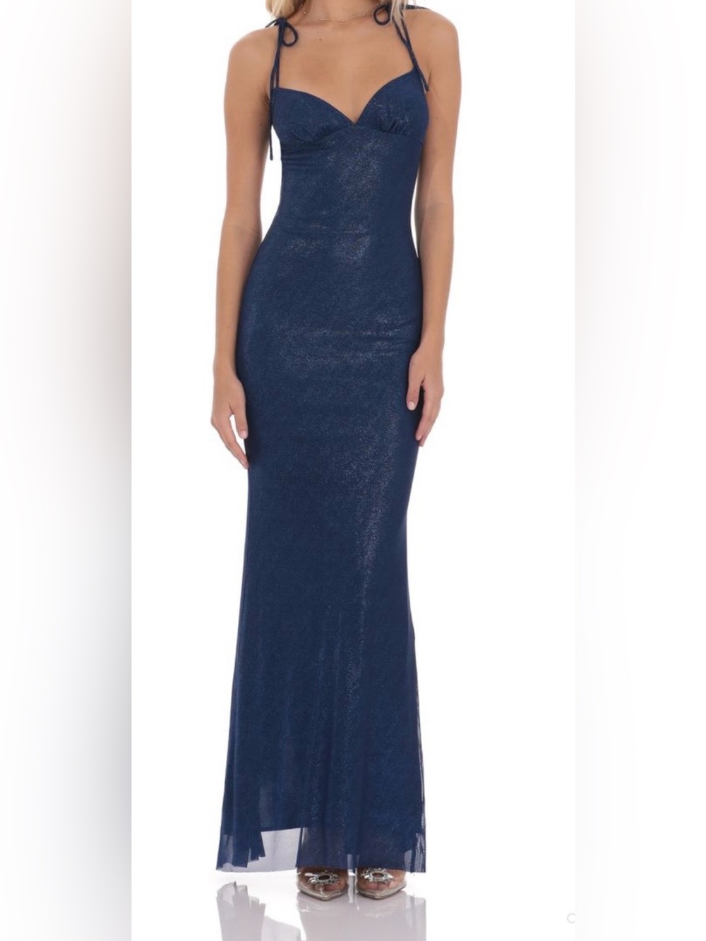 Lucy In The Sky Fairy Glitter Foil Back Ruffle Navy Blue Maxi Prom Dress XXS